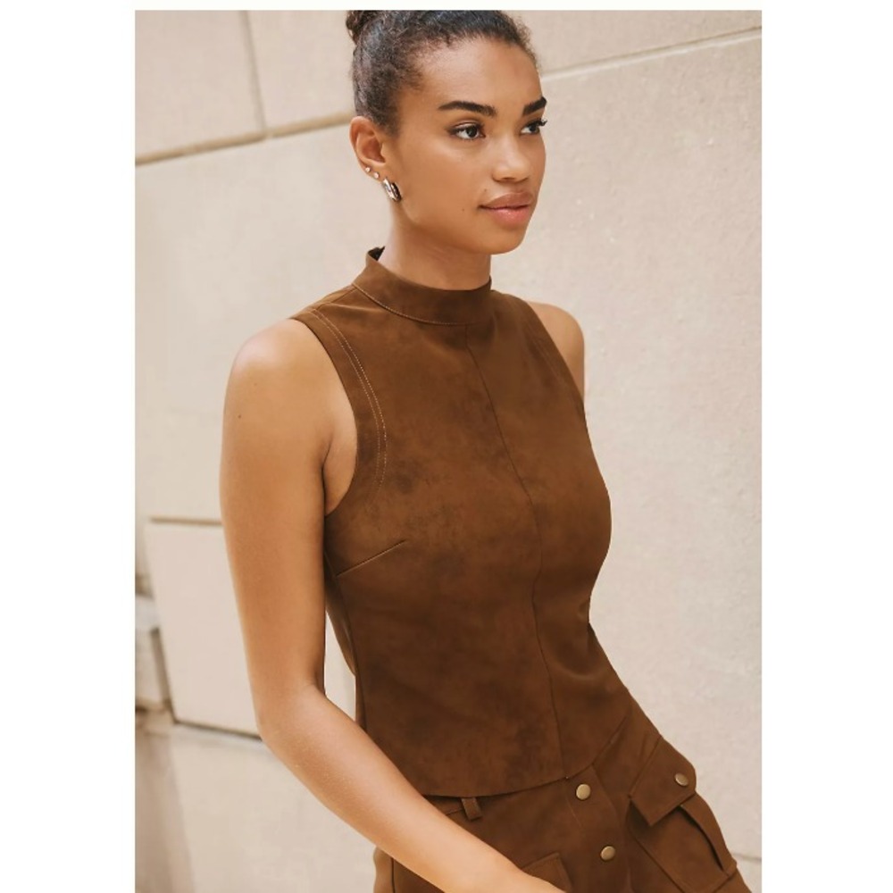 En Saison Elosie Mock Neck Tank Top Brown Faux Suede Sleeveless NWT L Fall Chic
